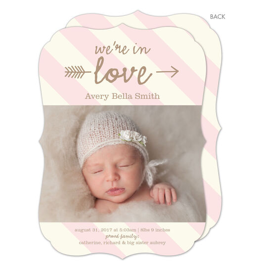 Light Pink Stripe Love Photo Birth Announcements